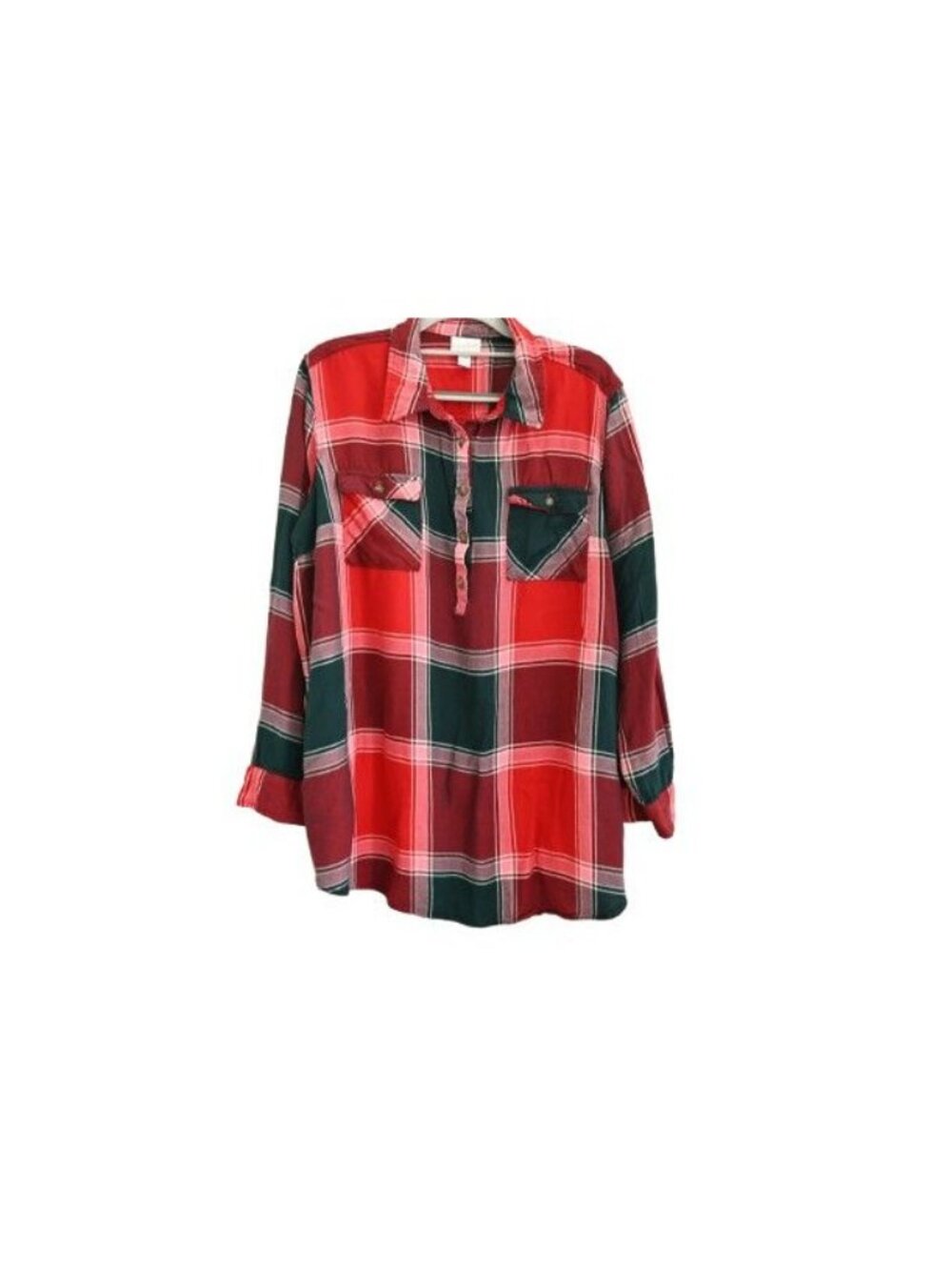 Isabel Maternity Plaid Button Front Tunic Shirt Size XXL Red Green Flannel Top